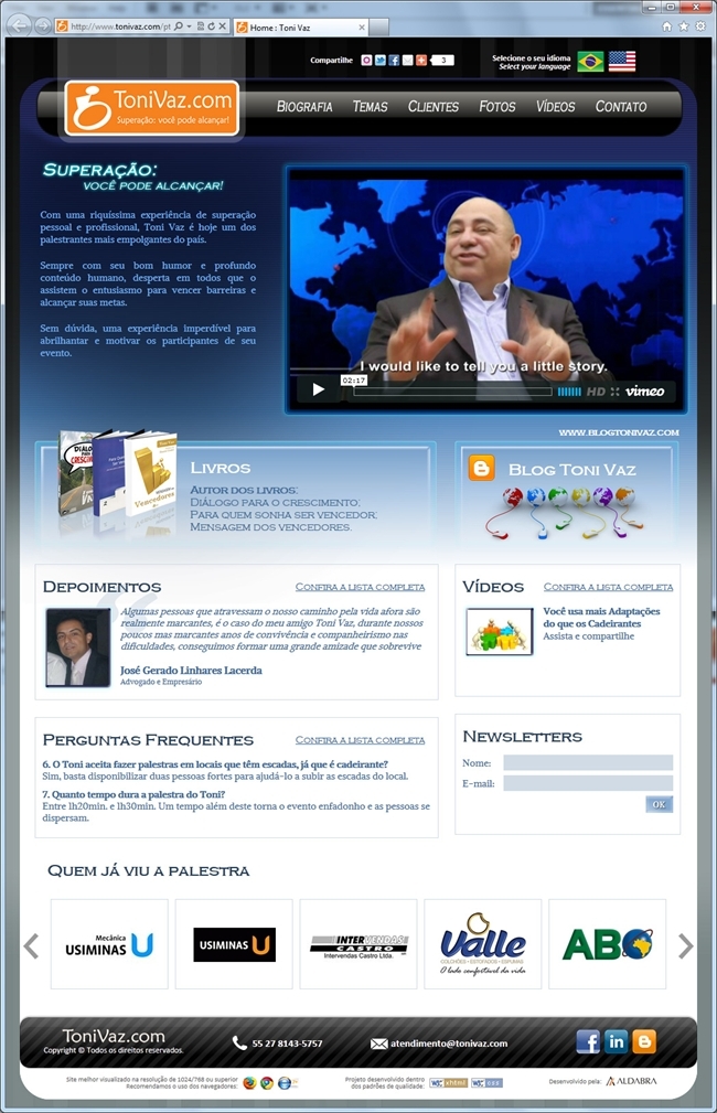 Projetos de Criação de sites: Página Inicial do Site do Palestrante Motivacional Toni Vaz