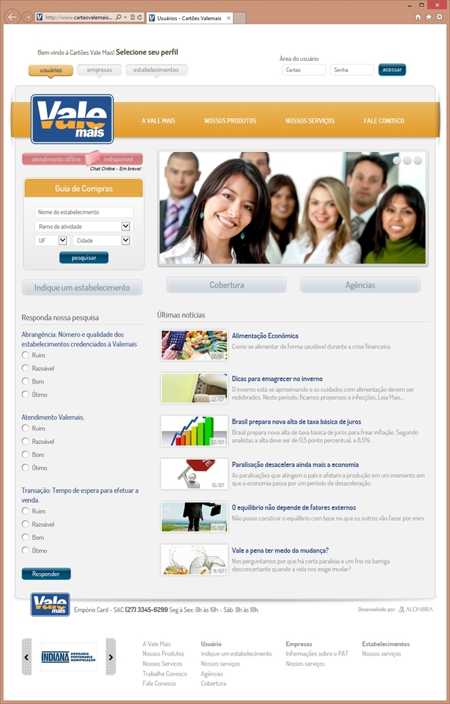 Projetos de Criação de sites: Página inicial de usuários do site da Cartão Vale Mais