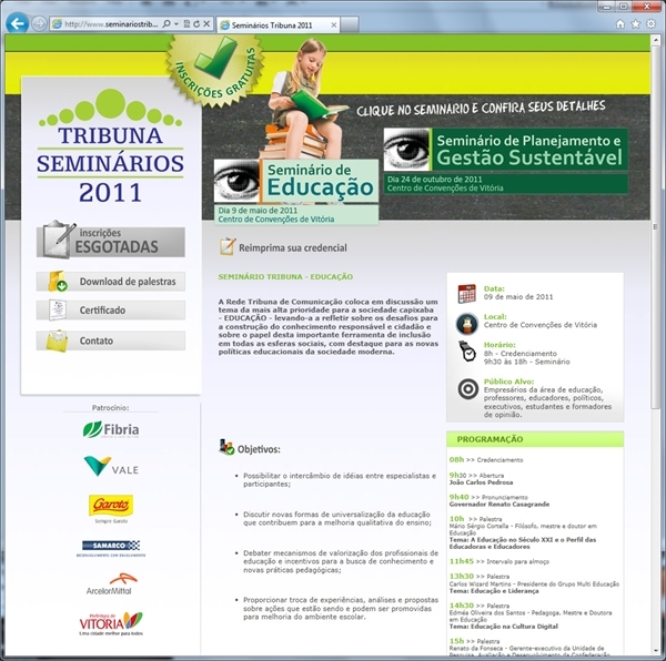 Layout responsivo do projeto de criação de sites: Página interna com detalhes de um seminário em questão
