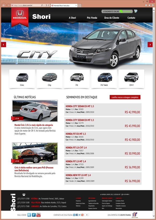 Projetos de Criação de sites: Página inicial explorando as imagens dos carros
