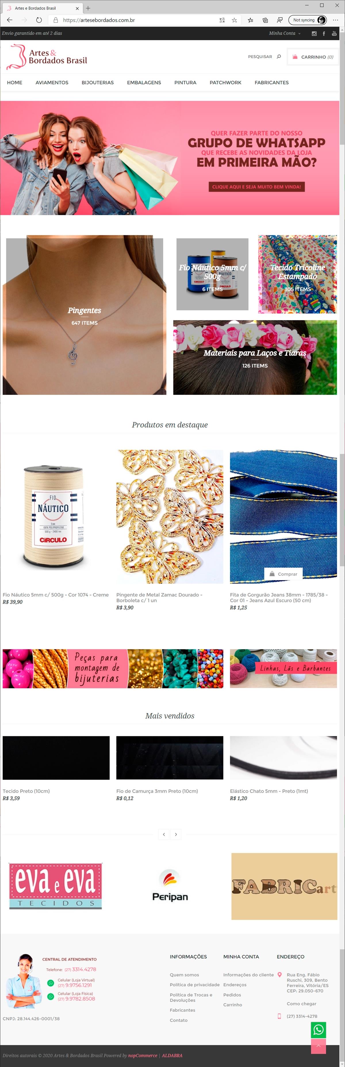 Projetos de e-commerce: Página inicial do e-commerce Artes e Bordados Brasil