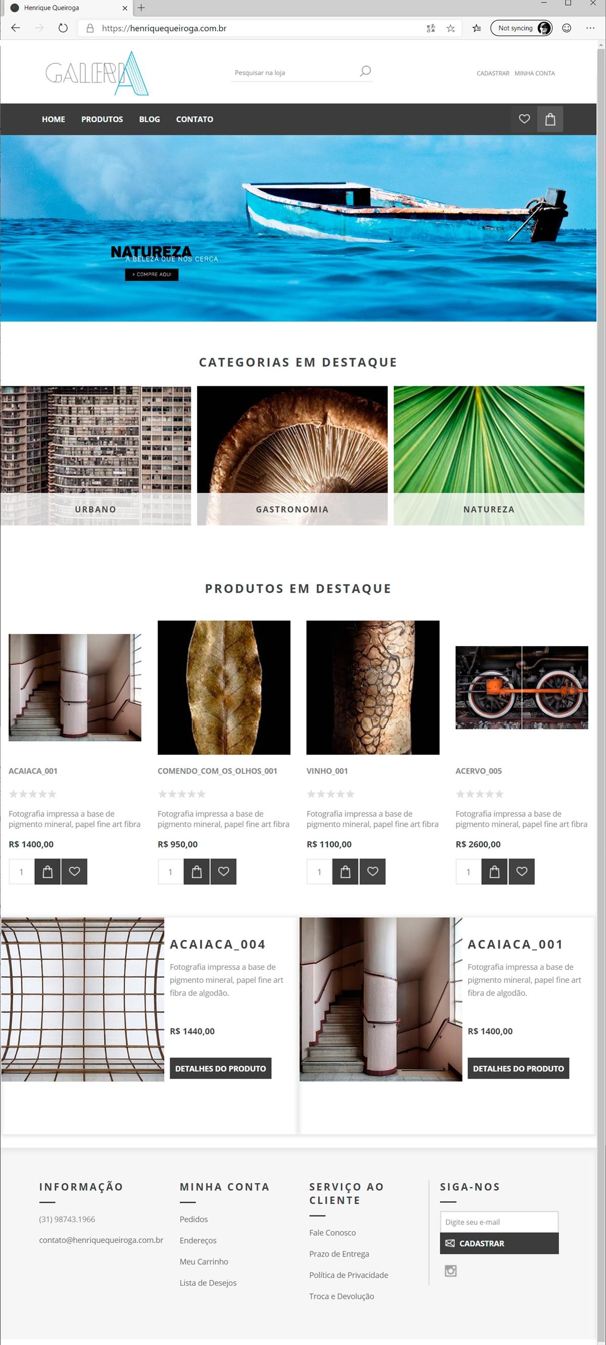 Projetos de e-commerce: Layout da home do projeto de e-commerce do fotógrafo Henrique Queiroga