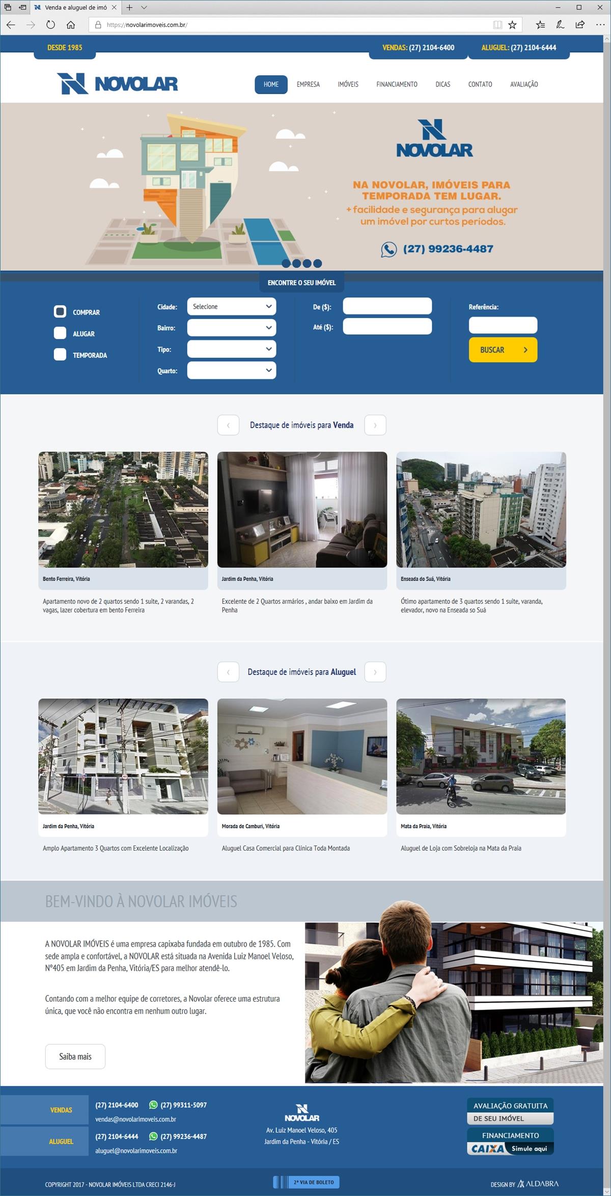Projetos de Criação de sites: Página inicial com destaque para as ofertas de aluguel e venda