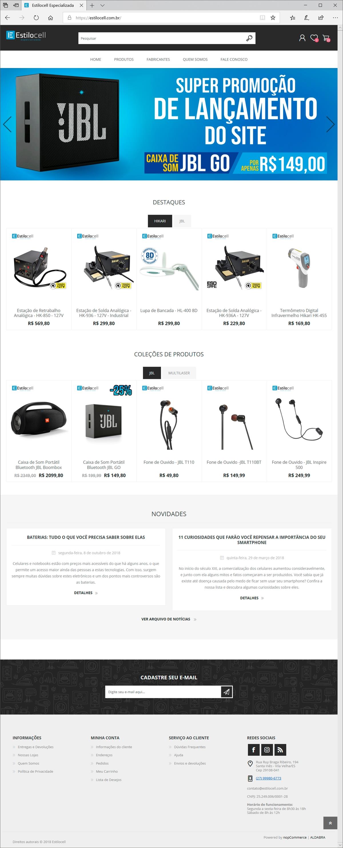Projetos de e-commerce: Layout da página inicial do e-commerce Estilo Cell